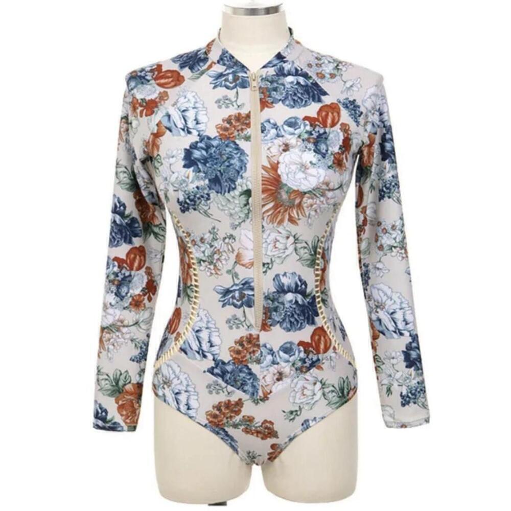 Long Sleeve 1-piece Floral Swimsuit Size M
